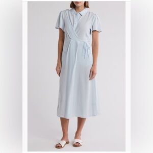 Light Blue Button-Up Faux Wrap Dress